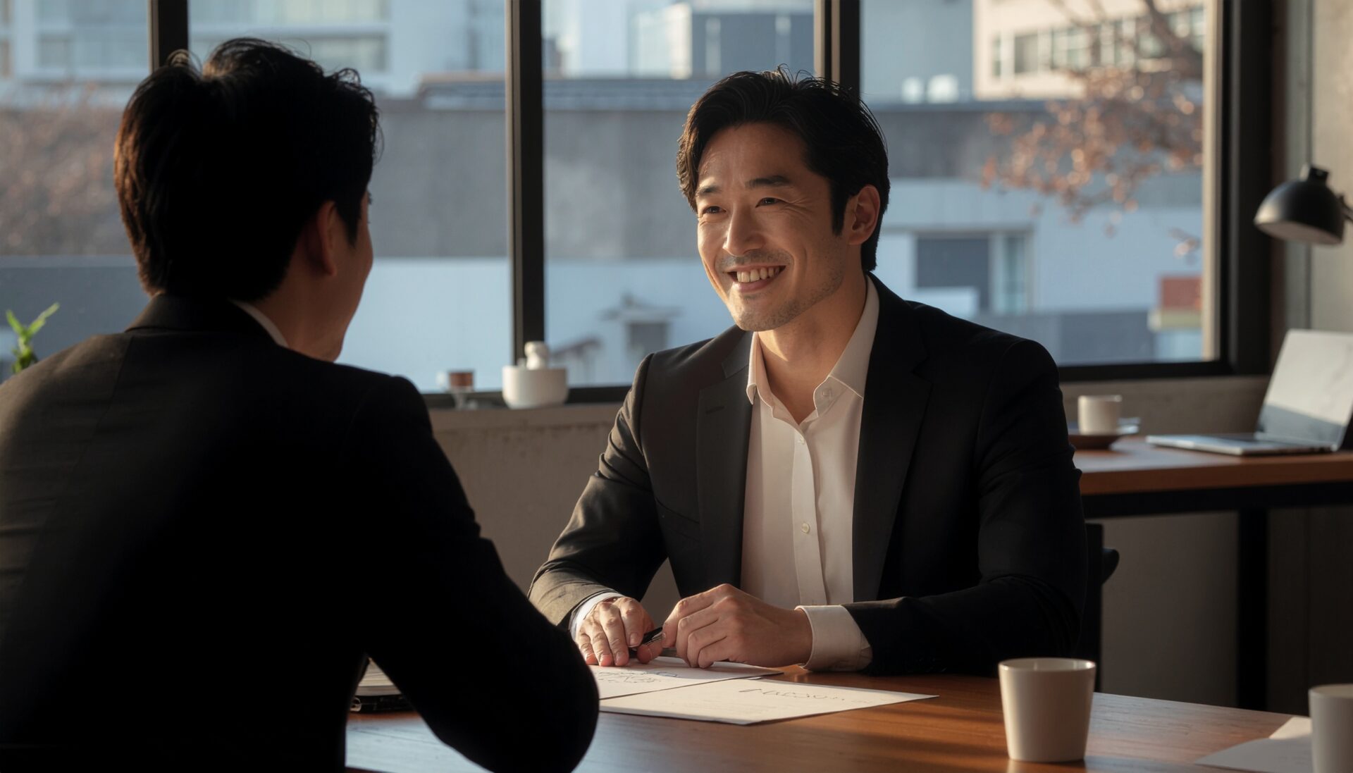 ガラスのホワイトボードにビジネス戦略のキーワードを書き出している様子