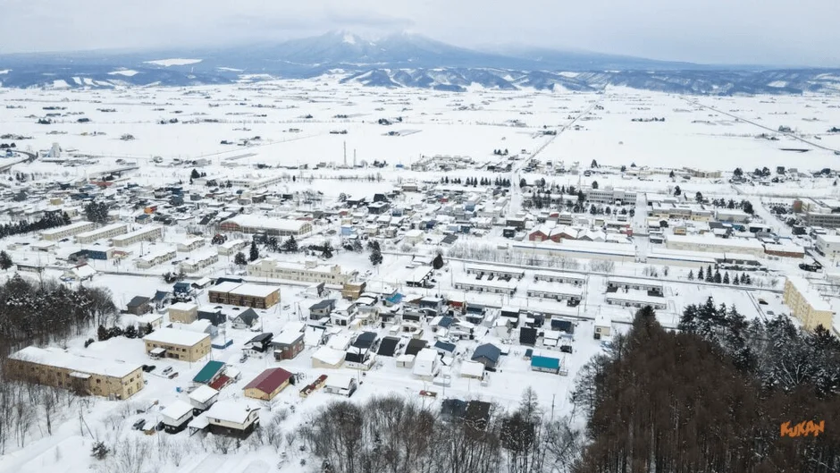 雪に覆われた町並みが広がる冬の景色を空から捉えた画像です。