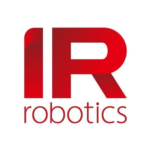 「IR robotics」という会社またはブランドのロゴです。上部に大きな赤色の「IR」の文字が配置され、その下に「robotics」という単語が小さく書かれています。