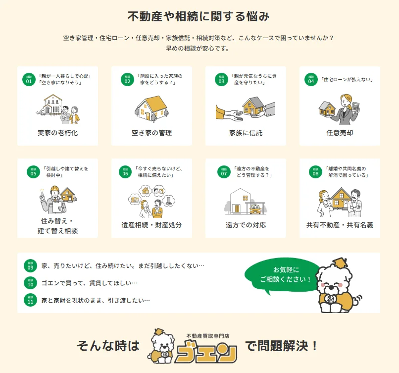 不動産や相続に関する11種類の悩み(実家の老朽化、空き家管理、家族信託、住宅ローン、遺産相続、共有名義など)を提示し、早期相談を促す画像です。
