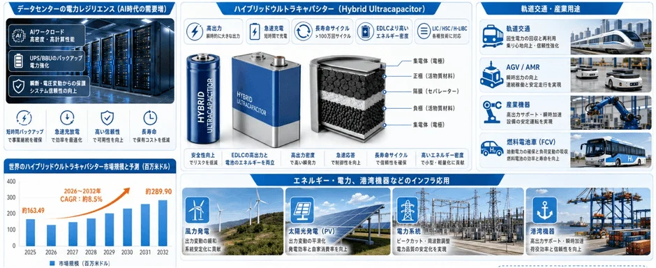 ハイブリッドウルトラキャパシター (Hybrid Ultracapacitor)の多様な用途と市場予測を示すインフォグラフィック